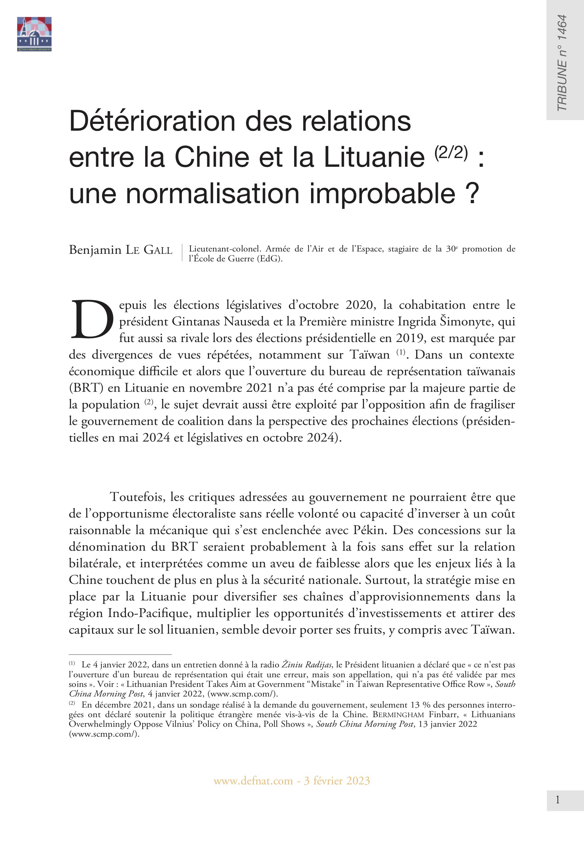 Détérioration des relations entre la Chine et la Lituanie (2/2) : une normalisation improbable ? (T 1464)
